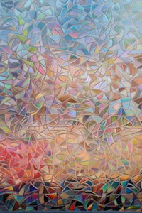 a painting of a sunset with colorful glass pieces