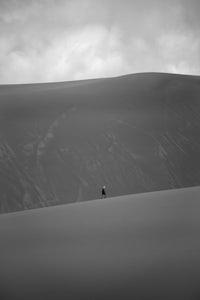 a black and white photo of a person walking across a sand dune