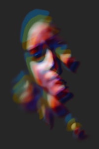 an image of a woman's face with a colorful background