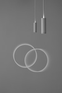 a black and white image of a pendant light with a circle in the middle