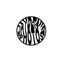 a black and white logo with a circular shape